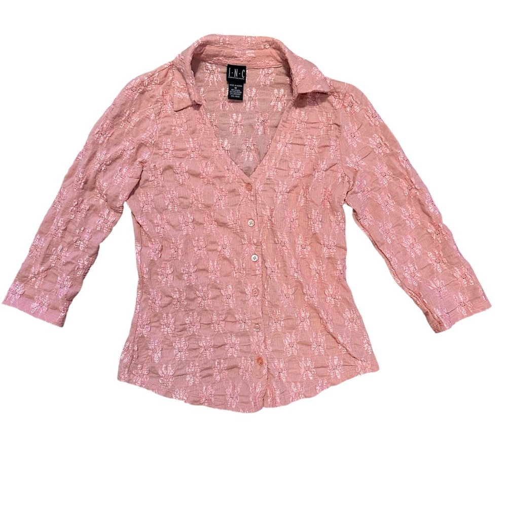 INC Y2K Women's Pink Textured 3/4 Sleeve Top with Floral Design